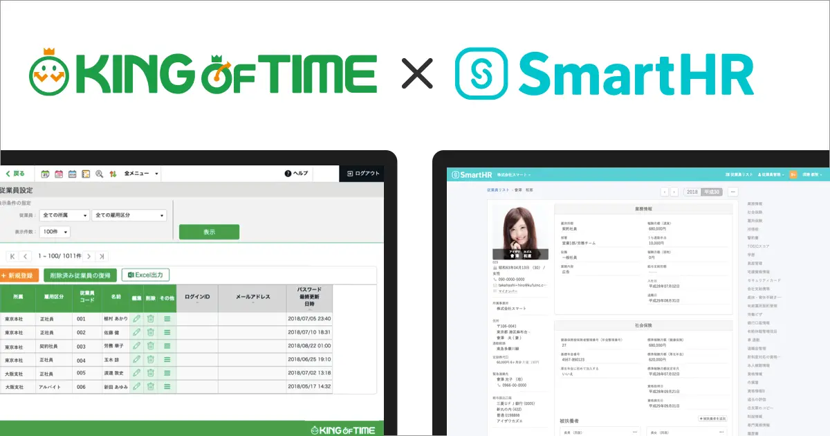 「SmartHR」と勤怠管理システム「KING OF TIME」が連携。人事労務管理から勤怠管理までの流れを大幅効率化し、企業の働き方改革を促進。
